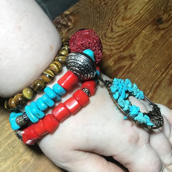 Handmade turquoise , coral hand wrapped bohemian three layer statement bracelet - Picture 8 of 9